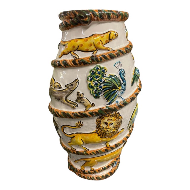 Vintage Italian Style Majolica Relief Animal Spiral Vase For Sale