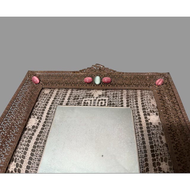 Vintage Jewel Decorated Reticulated Metal Framed Mirrored Vanity Dresser Tray In good original condition showing some...