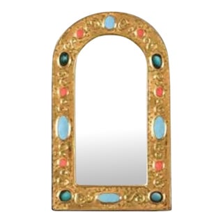 Francois Lembo Arched Ceramic Mirror With Gold Crackle and Turquoise, Coral and Black Cabochons For Sale