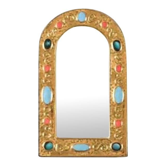 Francois Lembo Arched Ceramic Mirror With Gold Crackle and Turquoise, Coral and Black Cabochons For Sale