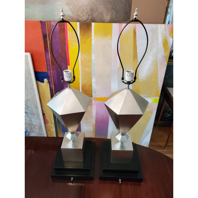 Silver Vintage Mid-Century Diamond Shaped Silver Lamps - a Pair For Sale - Image 8 of 8