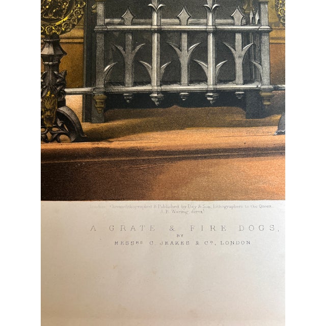 Antique Victorian chromolithograph depicting an elaborate Gothic Revival fireplace grate and matching firedogs designed by...