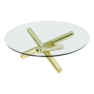 Large Thick Brass Spikes to Form Jack Tripod Base Round Glass Top Coffee Table
