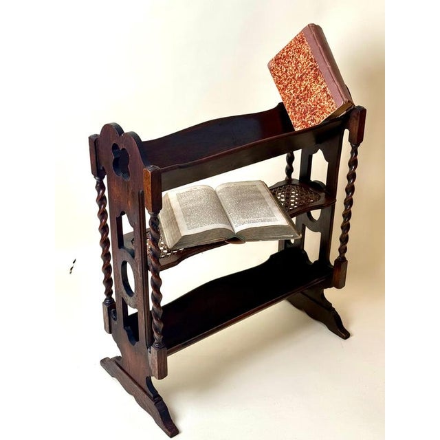 English Gothic Revival Oak Canterbury Bookcase with Original Cane, 1890 For Sale - Image 4 of 14