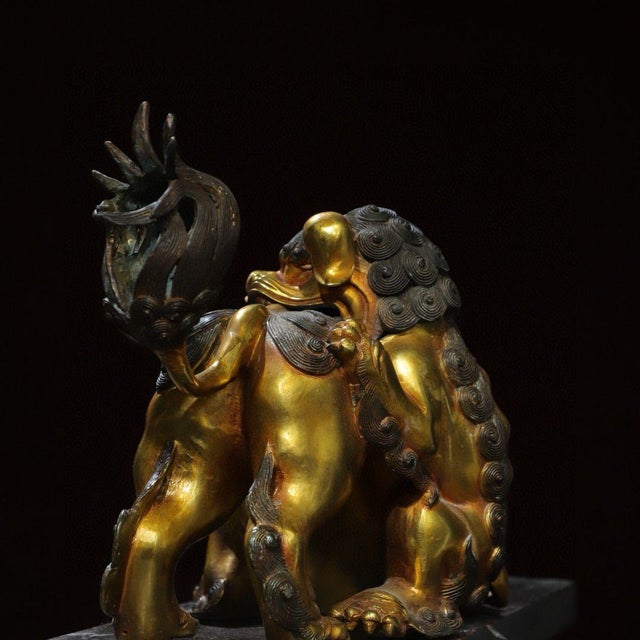 Late 20th Century Gilt Bronze Guardian Lion Incense Burner – 9.5" Foo Dog Censer With Cub & Ball Motif For Sale - Image 5 of 9