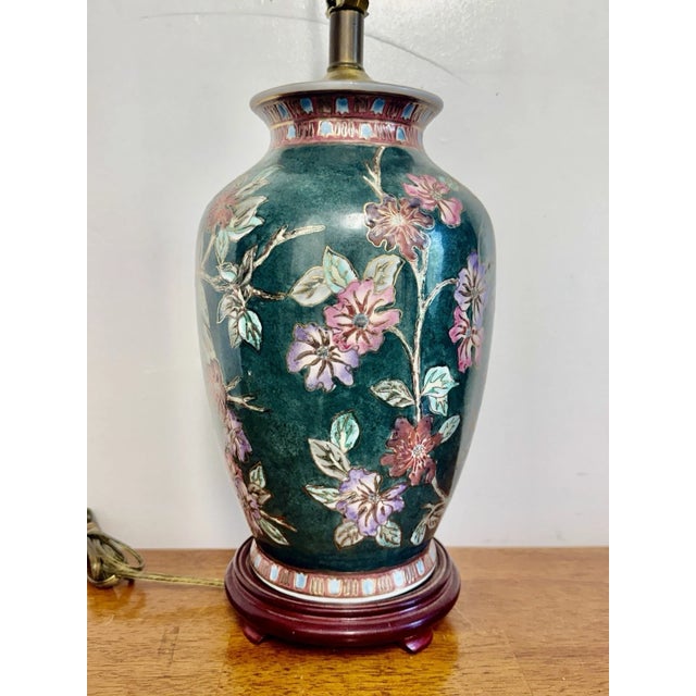 Green Vintage Asian Floral Cloisonne Style Ceramic Ginger Jar Table Lamp Hand Painted For Sale - Image 8 of 15