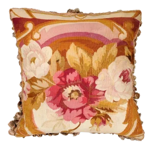 French 19th Century Aubusson Woven Tapestry Pillow with Roses Decor & Tassels