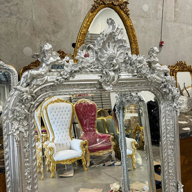French Style Silver Coral Floor Mirror – 5 Ft Tall Silver Leaf For Sale In Miami - Image 6 of 8