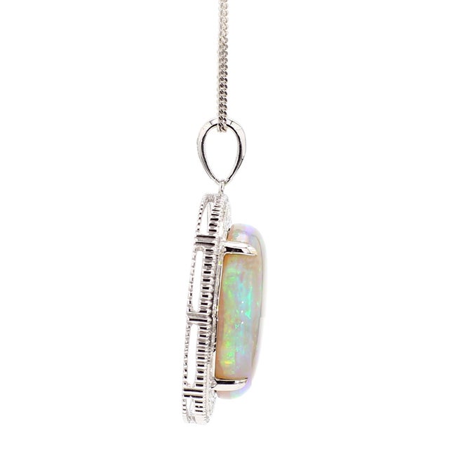 17.59 Carat White Opal & Diamond Halo Milgrain 18k White Gold Vintage Pendant For Sale In Miami - Image 6 of 9