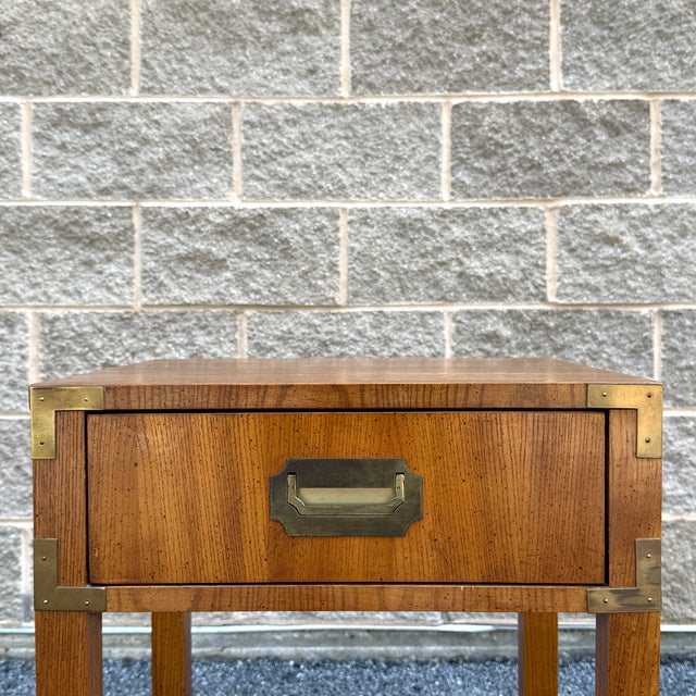 Mid-Century Modern Vintage Dixie Campaigner Collection Campaign Pecan 1 Drawer Nightstand With Open Shelf For Sale - Image 3 of 14