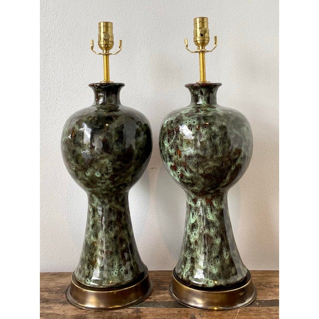 Dark Green Vintage Glazed Ceramic Lamps - A Pair For Sale - Image 8 of 12