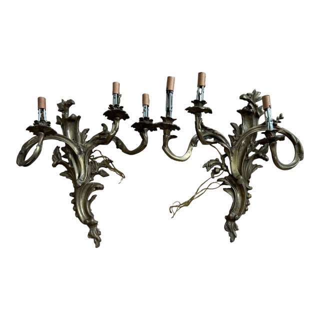 Vintage French Rococo Revival Brass Candle, Opera Wall Sconces – Pair For Sale