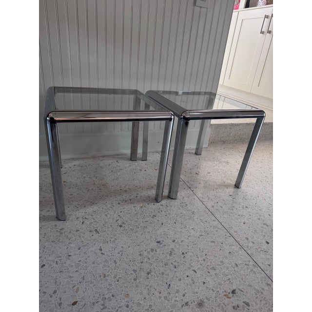 1970s Milo Baughman Style Chrome and Glass End Tables — A Pair For Sale - Image 4 of 10