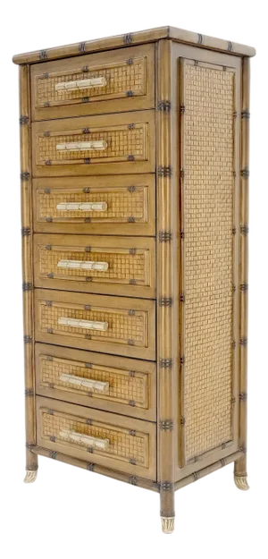 Mid Century Faux Bamboo Wicker Lift Top 7 Drawers Lingerie Chest of Drawers