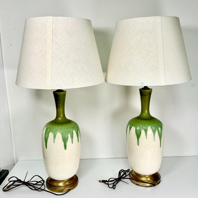 Mid-Century Boho Chic Vintage Ceramic Green Drip Table Lamps - A Pair For Sale - Image 12 of 18