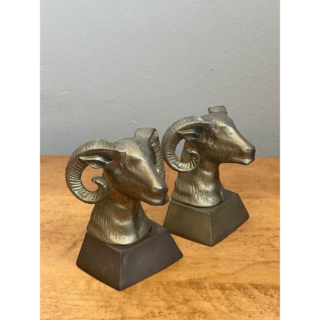Mid-Century Modern Vintage Brass Ram Bust Bookends - A Pair For Sale - Image 3 of 18