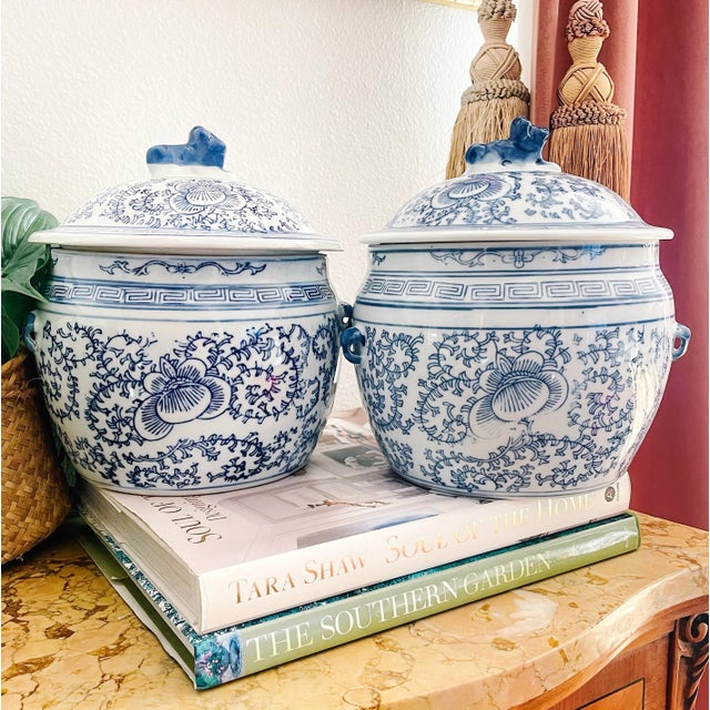 Vintage Blue & White Rice Jars With Foo Dog Lids - a Pair For Sale - Image 10 of 10