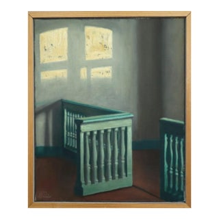 Mid-Century Modern 'Sunlit Landing' Vintage Swedish Original Interior Oil Painting, Framed For Sale