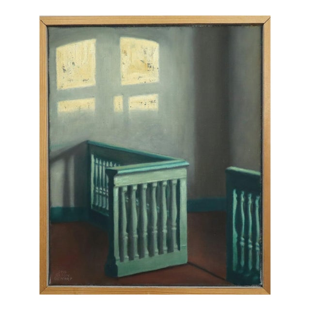 Mid-Century Modern 'Sunlit Landing' Vintage Swedish Original Interior Oil Painting, Framed For Sale