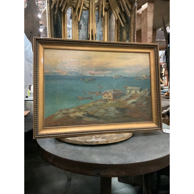 Mid-Century Modern Early 20th Century Swedish Small Harbor Painting, Framed For Sale - Image 3 of 10