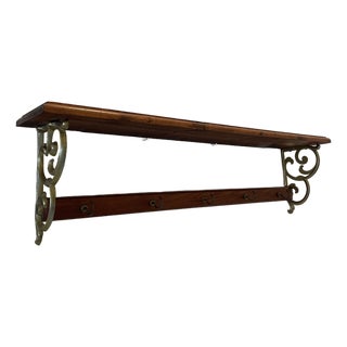 Vintage 1970s Mediterranean Wall Shelf With Cast Metal Scroll Brackets & Plate Grooves For Sale