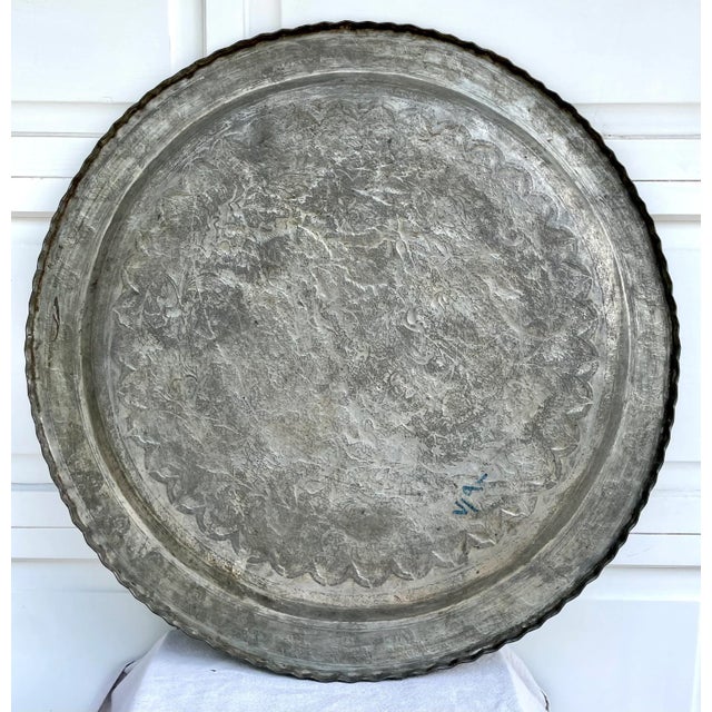 Vintage Islamic Moroccan 34" Engraved Silver Copper Tray Table Top For Sale - Image 9 of 10