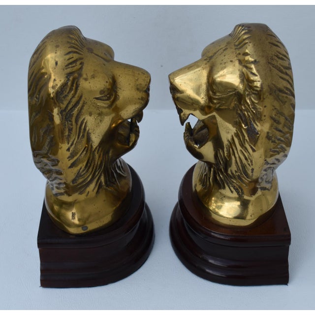 Vtg. Pair of Brass Lion Head Traditional Style Bookends W/Wood Base For Sale In Philadelphia - Image 6 of 12