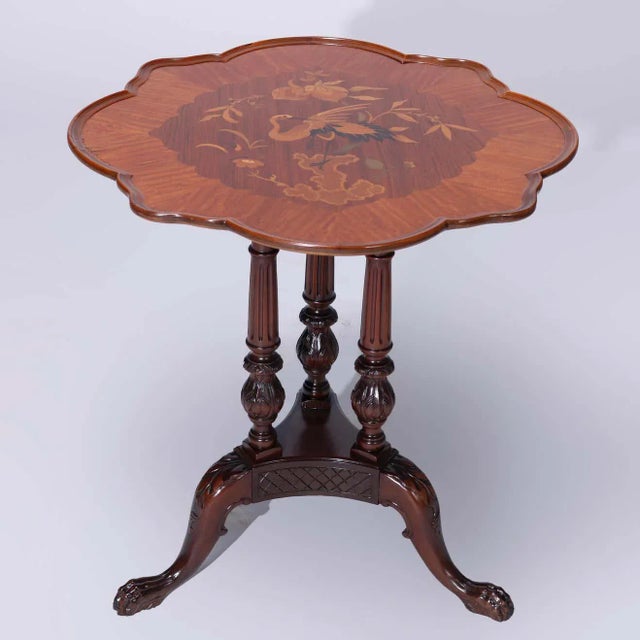 Wood Early 20th Century Heron Satinwood Marquetry Scalloped Triple Pedestal Side Tables - a Pair For Sale - Image 7 of 13