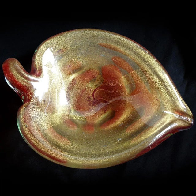 Mid-Century Modern Vintage Murano Heavy Gold Flecks Ruby Red Heart Veins Italian Art Glass Decorative Leaf Shaped Bowl For Sale - Image 3 of 5