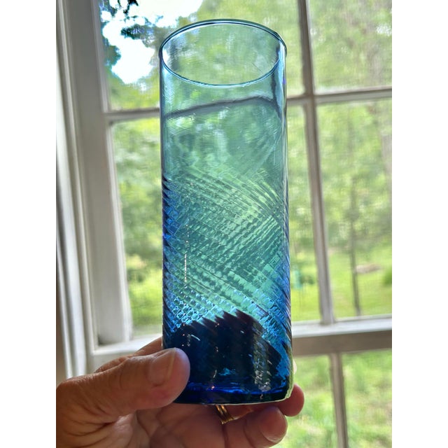 Blue Vintage Hand-Blown Cobalt Blue Swirl Highball Glasses – Set of 4 For Sale - Image 8 of 10