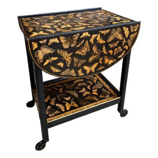 Vintage English Bar Cart Trolley Drop Leaf Chinoiserie Butterfly Lacquer Table For Sale