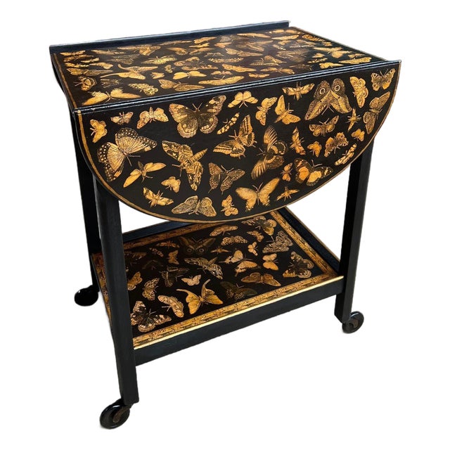 Vintage English Bar Cart Trolley Drop Leaf Chinoiserie Butterfly Lacquer Table For Sale