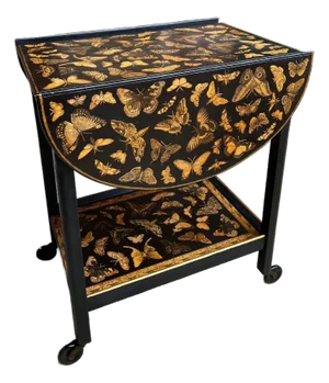 Vintage English Bar Cart Trolley Drop Leaf Chinoiserie Butterfly Lacquer Table
