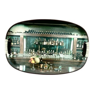 Vintage Bar Tray Depicting a Stocked Bar With Wrapped Handles, Made in Japan For Sale