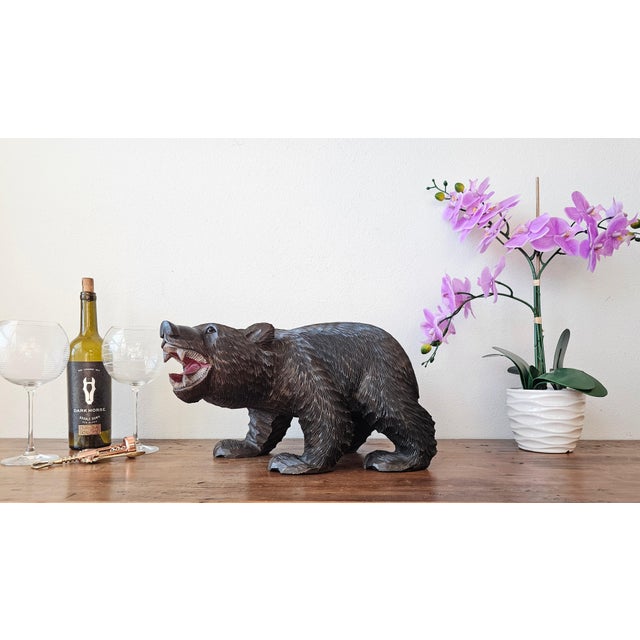 Large Antique Swiss Black Forest Bear Statue Folk Art Wood Carving For Sale - Image 12 of 12