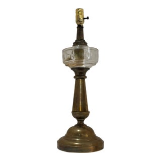 Mid 20th Century Brass and Glass Converted Kerosene Lamp With Silk Cord – Solid Heavy Base For Sale
