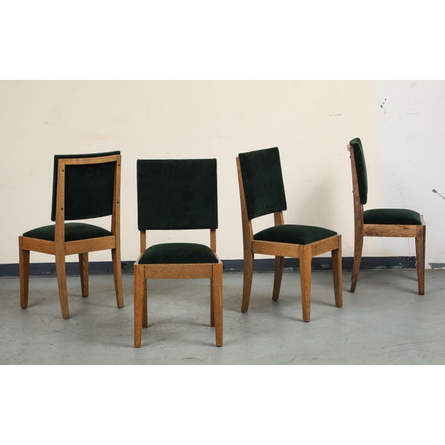 Set of Eight French Oak Dining Chairs in Forest Green Cotton Velvet, C. 1945 For Sale - Image 9 of 18