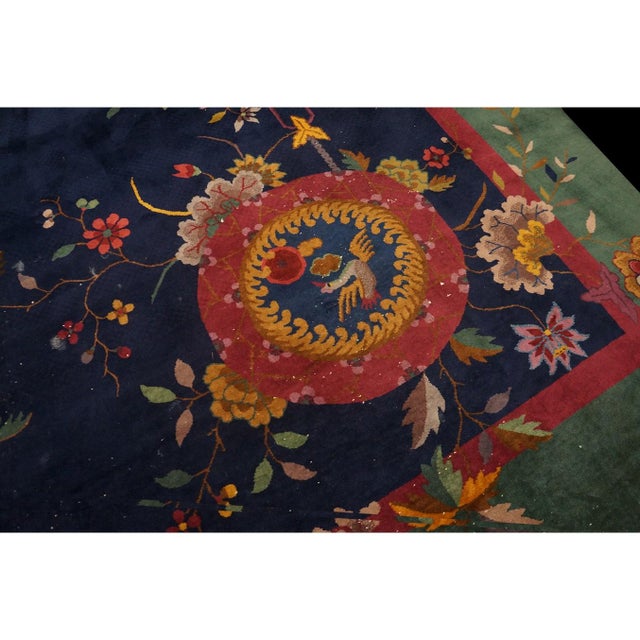 1920s Navy Blue Floral Vase Antique Chinese Art Deco Carpet 8' 10" X 11' 6" Rug For Sale - Image 4 of 8