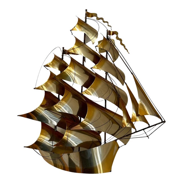 Vintage Modernist John DeMott Brass Sailing Ship Wall Sculpture, Signed, Original Label For Sale