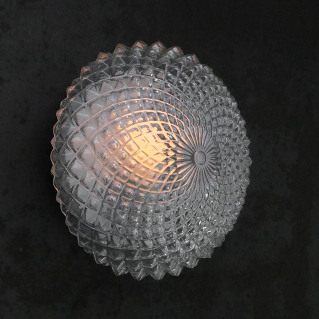 Mid-century wall or ceiling lamp. metal base with clear glass. depending on destination, all our lights are rewired with...