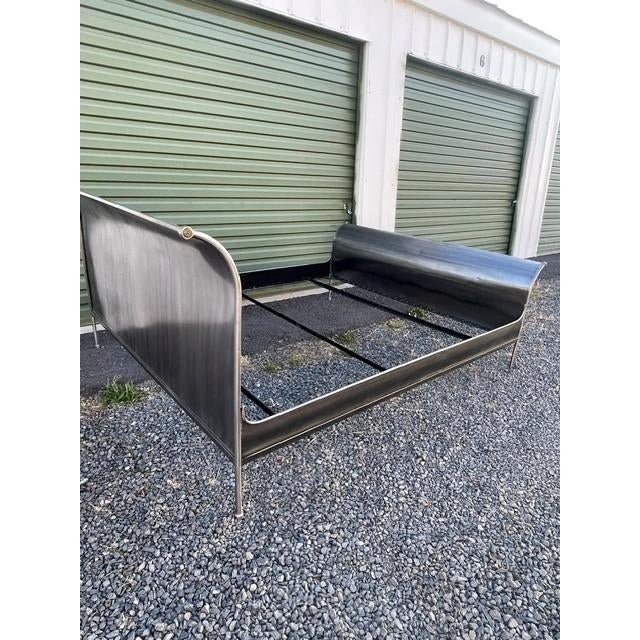 Spectacular French Mid-Century Modern queen size sleigh bed. Hand-crafted from polished steel with a patinated nickel...