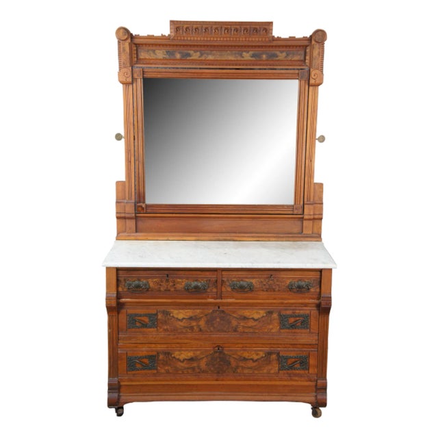 Antique Victorian Eastlake Walnut Burl Marble Top Dresser & Mirror Vanity Chest For Sale