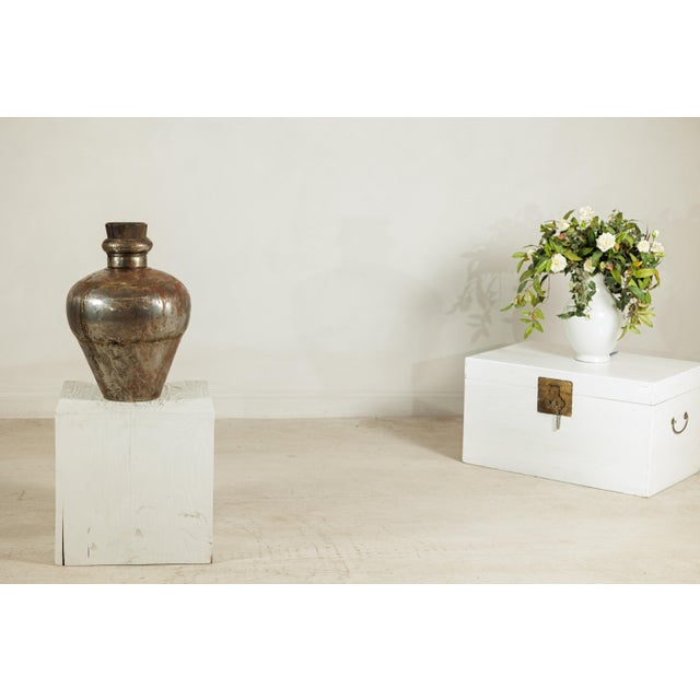 Vintage Indian Handcrafted Metal Water Vessel with Wooden Stopper For Sale - Image 16 of 18