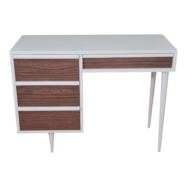 1970s Mid-Century Modern Two-Tone White & Faux Wood Laminate Writing Desk For Sale