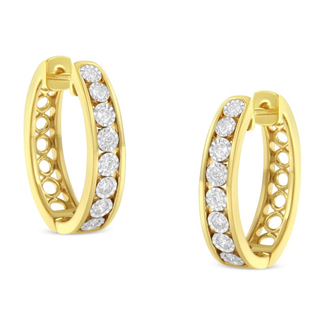 Contemporary 10KT Yellow and White Gold Diamond Hoop Earring (1/2 cttw, J-K Color, I2-I3 Clarity) For Sale - Image 3 of 6