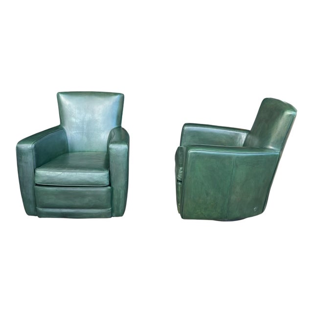 Art Deco 1970s Pair of 180° Swivel Lounge Chairs in Dark Green Patinated Leather For Sale - Image 3 of 14