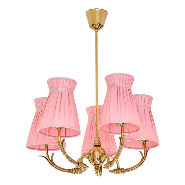 Vintage Swedish Five-Arm Brass Chandelier with Pink Shades, 1940s For Sale