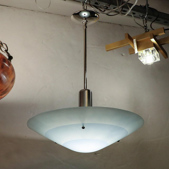 Art Deco Machine Age Sky Blue Glass Pendant Chandelier For Sale - Image 4 of 10