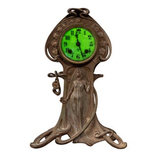 Early 20th Century Cast Metal Art Nouveau Uranium Glass Clock by Ansonia For Sale