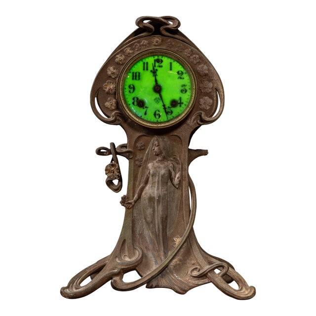 Early 20th Century Cast Metal Art Nouveau Uranium Glass Clock by Ansonia For Sale